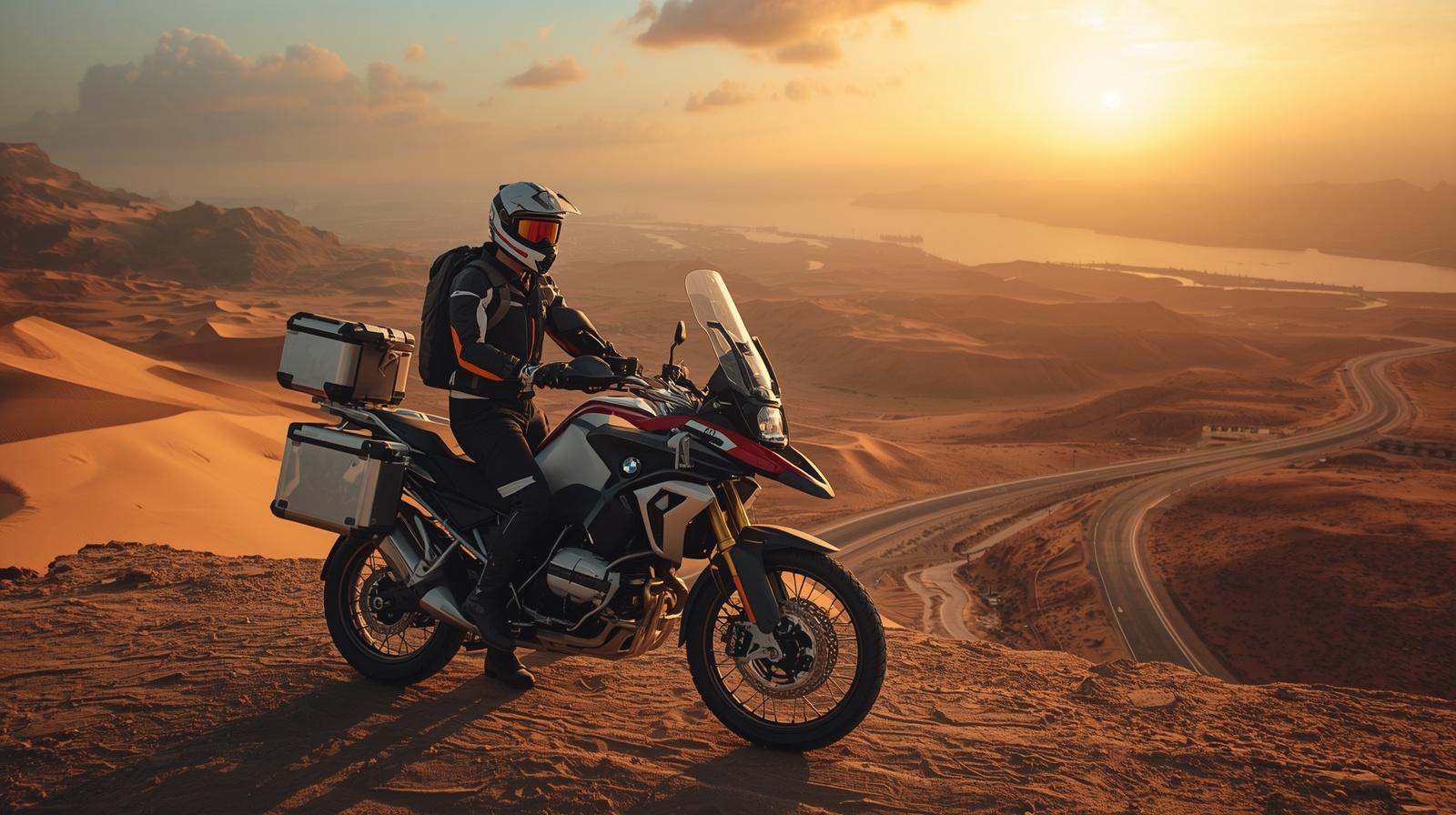 BMW GS adventure motorcycle overlooking UAE desert roads and mountains at sunrise